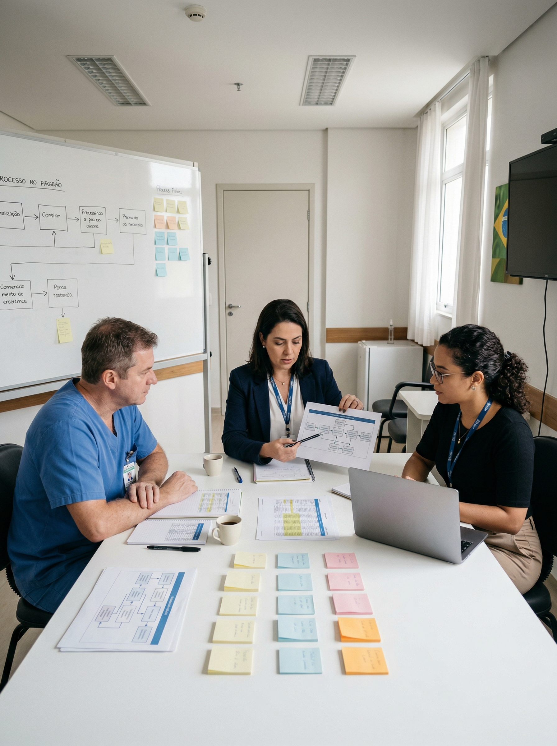 Equipe analisando rotina hospitalar para diagnóstico de desperdício assistencial.
